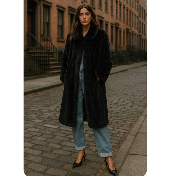 Vintage Black Long Length Oversized French Girl  Boho Chic Faux Fur Mink Coat XL - Picture 2 of 10